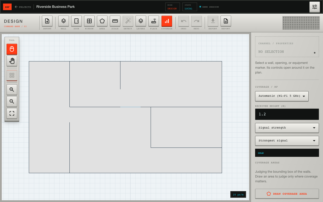 Bring in a DXF floorplan, confirm scale, and mark the walls that affect propagation.