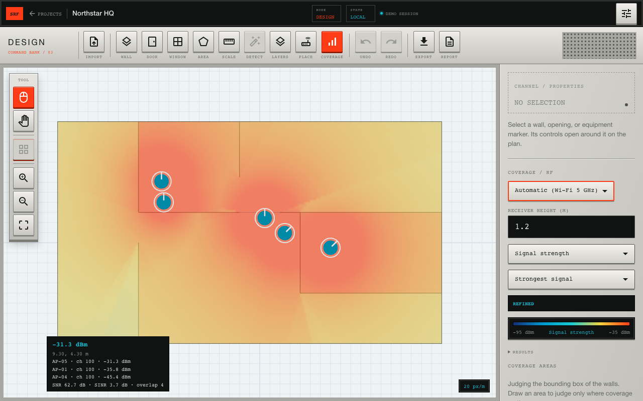 The map renders wall-aware signal strength, SNR, and overlap as you move equipment.